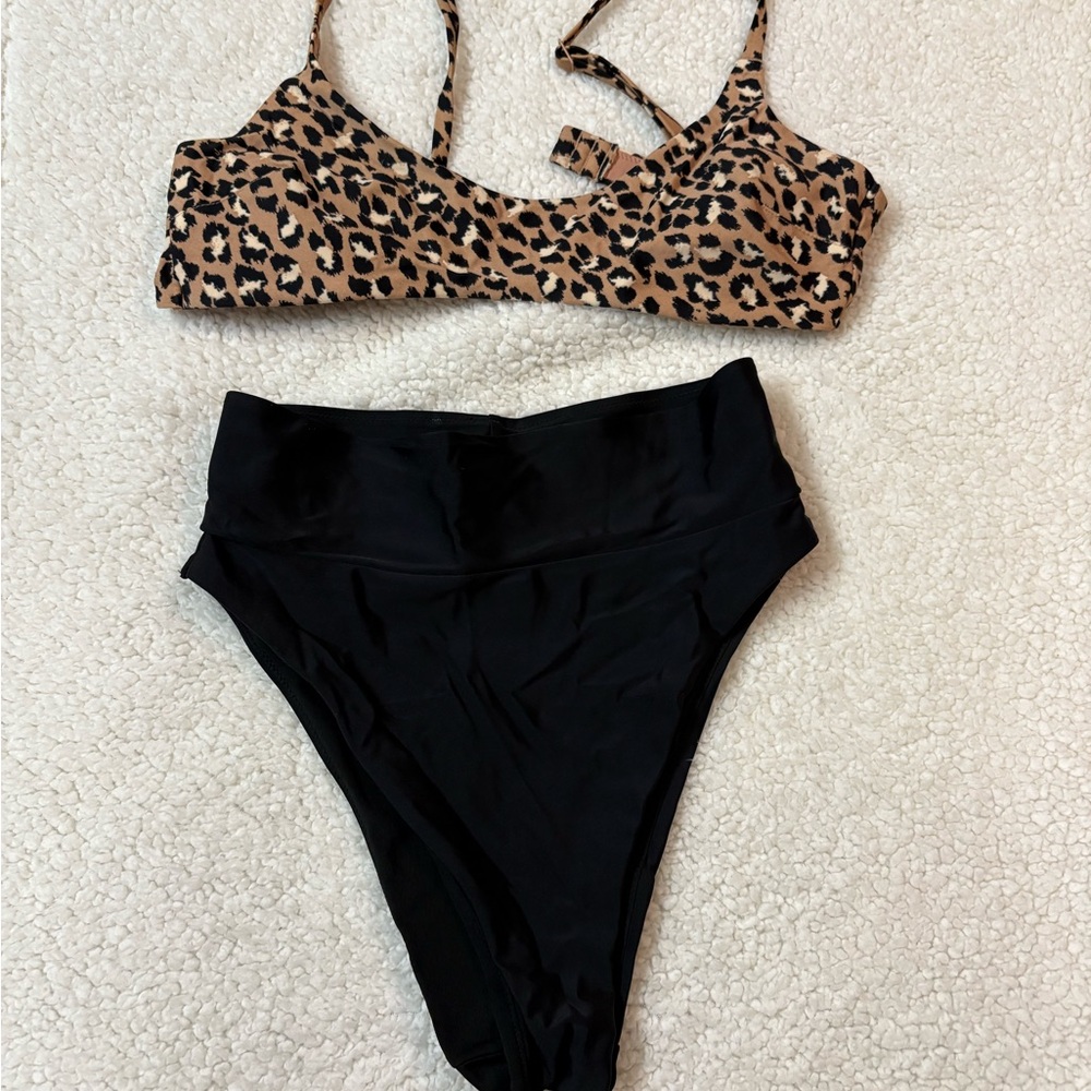 Aerie Leopard Print Bikini Top and Black High-Waisted Bottoms